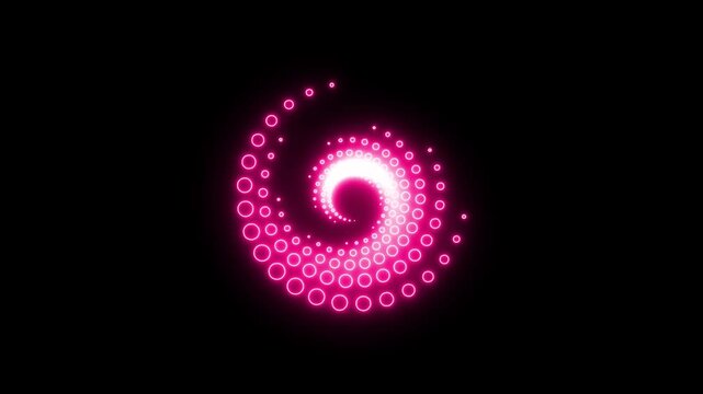 Glowing pink spiral animation, neon light halftone circle pattern on black background, abstract digital motion graphic for music visualizer