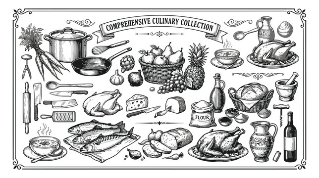 Comprehensive culinary collection of food and kitchen utensils, vintage hand drawn style, isolated on white background flat vector editable file
