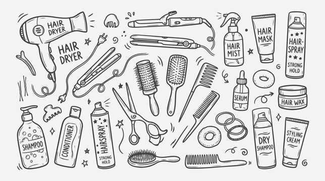 Hand drawn set of hair styling tools and products isolated on white background flat vector editable file