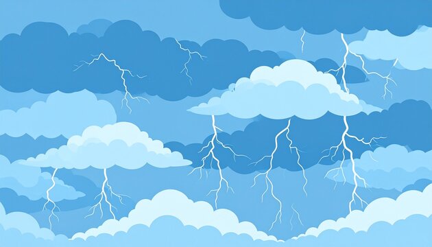 Cartoon thunderstorm with lightning strikes and dark clouds.