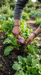 Fototapeta premium Hands Harvesting Fresh Turnips From A Lush Garden Bed