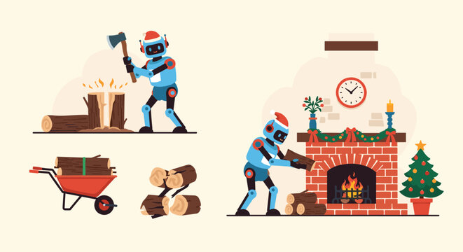 Helpful blue robots in santa hats chop firewood and stack logs by a cozy brick fireplace decorated for Christmas.