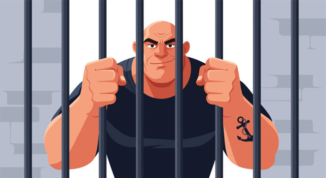 Strong muscular bald prisoner with an anchor tattoo grips the metal bars of his jail cell in a flat cartoon style.