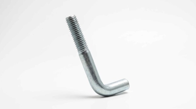 Shiny silver metal j bolt fastener with threaded shaft isolated on a plain white studio background