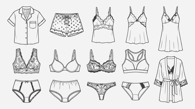 Set of handdrawn womens lingerie and sleepwear, including pajamas, bras, panties, and a robe, isolated on white background flat vector editable file