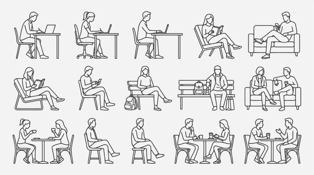 Set of people sitting in various poses, working on laptops, reading books, using smartphones, and having conversations flat vector editable file