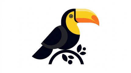 Fototapeta premium Stylized toucan bird illustration with vibrant yellow orange beak and black feathers perched on branch for tropical wildlife themes