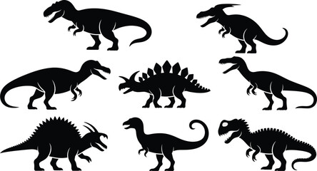 Black dinosaur silhouettes collection featuring diverse prehistoric species including Tyrannosaurus, Stegosaurus, Triceratops, and other iconic ancient creatures on white background © Arif Creatives
