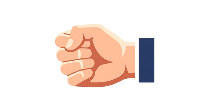 Illustration of a clenched fist with a beige skin tone and dark blue sleeve representing strength determination and assertiveness in a simple flat design