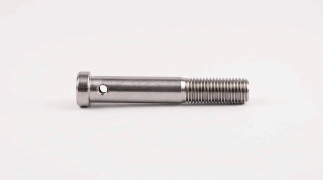 Shiny steel clevis pin with threaded end and cross hole isolated on a white studio background