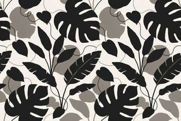Obraz premium Tropical botanical seamless pattern with black monstera leaves and palm foliage silhouettes on a light beige background, flat style