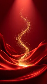Elegant red silk and swirling golden glitter light trail vertical composition perfect for mobile holiday wallpaper and Christmas social media stories ads.