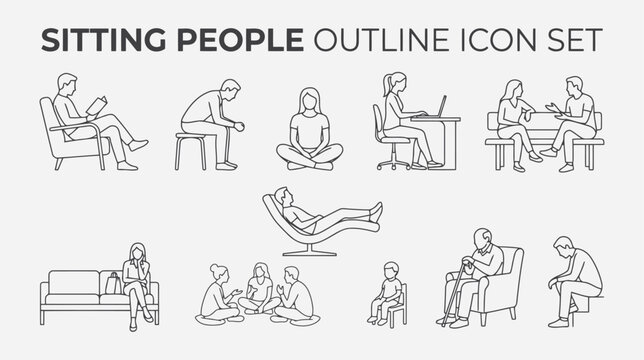 Set of outline icons of people sitting in various positions, including reading, working on laptop, relaxing, and talking flat vector editable file
