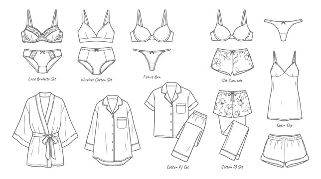 Set of womens lingerie and sleepwear sketches, including bras, panties, robes, and pajama sets flat vector editable file