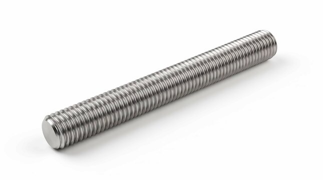 Shiny silver threaded metal rod isolated on a clean white background for industrial construction projects