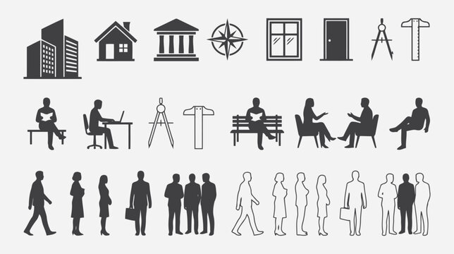 Set of architectural icons, people silhouettes, and design tools isolated on white background flat vector editable file