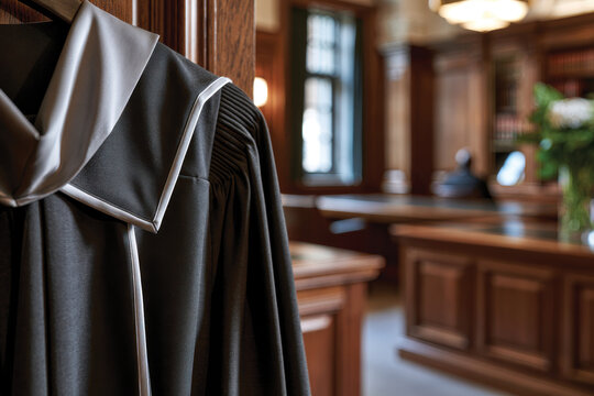 A detailed shot of law robes hanging in an elegant courtroom, emphasizing the solemnity and respect of the legal profession within a refined architectural setting.