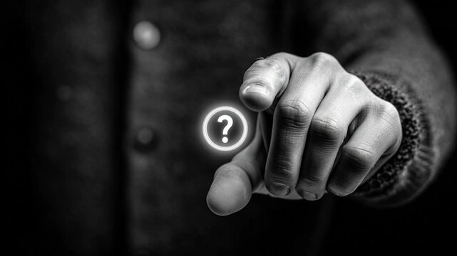 Question mark hand finger black and white person mystery uncertainty symbol close up gesture glowing near pointing finger concept inquiry curiosity seeking answers dramatic lighting focus human
