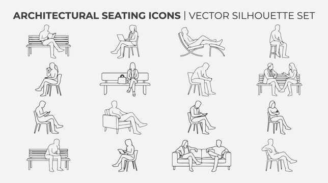 Architectural seating icons vector silhouette set of people sitting on benches, chairs, and sofas for interior design projects flat vector editable file