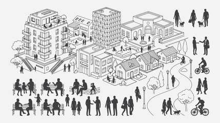 Obraz premium Isometric city landscape with buildings and people silhouettes flat vector editable file