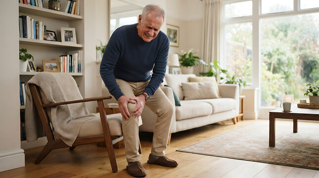 Elderly man holding painful knee in living room, grimacing with discomfort.