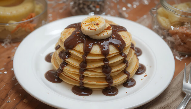 Stack of golden pancakes with syrup and butter. Fluffy breakfast stack drizzled with caramelized topping on white plate.