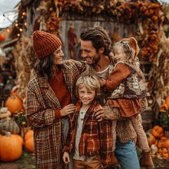 Obraz premium Happy family of four enjoying a festive autumn day at a pumpkin patch.