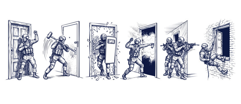 SWAT Team Breaching Door Illustration, military special forces tactical room entry sequence line art drawing showing breaching, flashbang, rappelling, and assault operations.