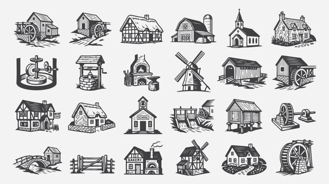 Set of vintage rural buildings and farm structures, handdrawn vector illustrations isolated on white background flat vector editable file