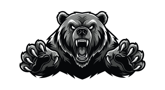 Grayscale digital art of an angry grizzly bear with open mouth showing sharp teeth and extended claws on white background.