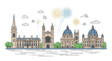 Fototapeta premium Beautiful line art skyline of historic European university buildings under colorful celebratory fireworks.