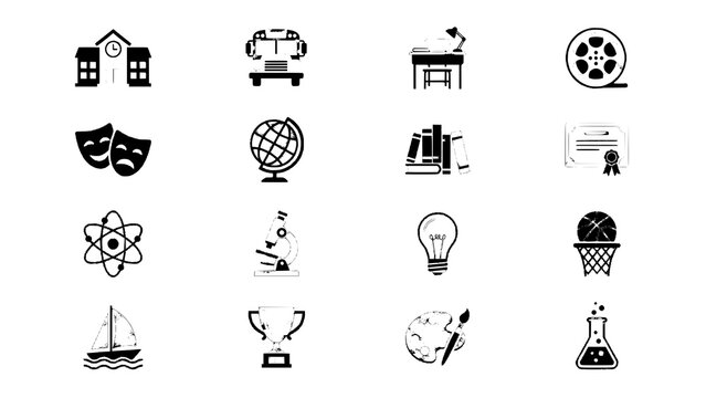 Set of education and school subject icons in a simple black and white style