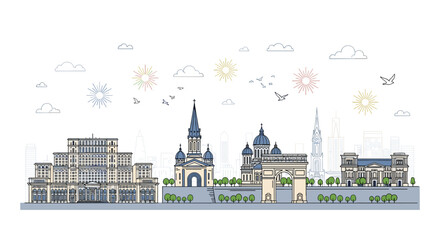 Obraz premium Panoramic banner illustration of the Bucharest cityscape featuring historic palaces, monumental arch, and cathedral.