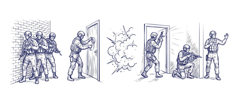 SWAT team tactical door breach storyboard showing special forces military unit clearing rooms with explosion in hand drawn sketch line art style, perfect for police training and tactical instruction.