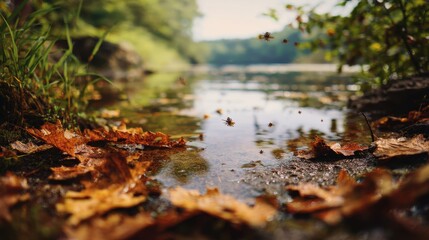 Fototapeta premium Autumn leaves floating on water surface at lake edge
