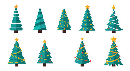 Fototapeta premium Nine beautiful flat vector Christmas tree icons decorated with ornaments, stars, and lights on a white background.