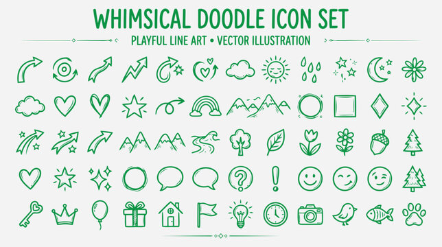 Whimsical doodle icon set, hand drawn vector illustrations for design flat vector editable file