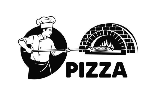 Traditional pizza restaurant emblem in black and white presenting a professional chef and a hot brick oven.
