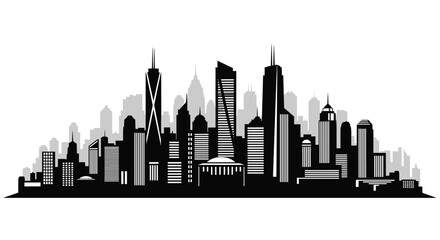 Obraz premium Dramatic black silhouette of a modern metropolitan skyline with tall skyscrapers against a clean white background.