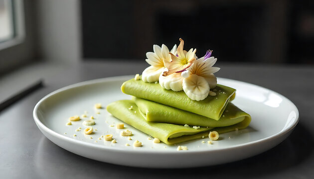 Stacked cucumber slices with edible flower garnish on white plate. Fresh vegetable appetizer or healthy snack presentation for gourmet cuisine.