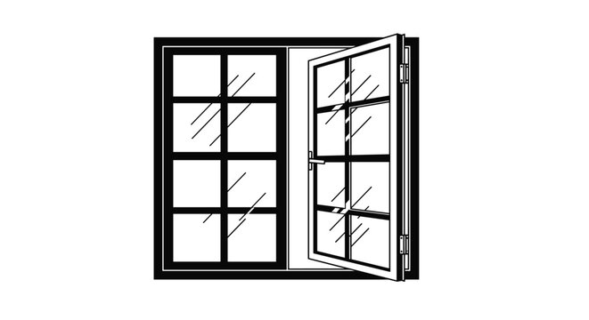 Linear black and white illustration of a classic double window with one pane opened to let in fresh air.