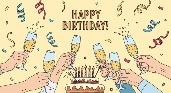 Group of happy friends holding champagne glasses toasting around a beautiful birthday cake with lit candles.