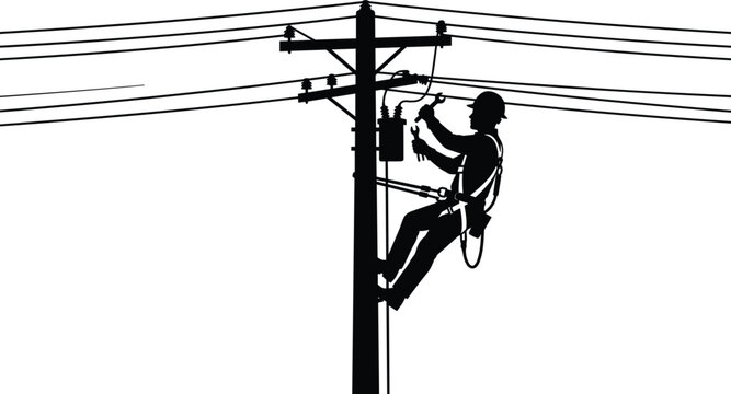 Utility line worker silhouette, electrical lineman repairing power pole isolated on white vector illustration design