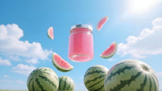 Fresh Watermelon Juice in a Glass Jar Floating Against a Bright Sunny Blue Sky.