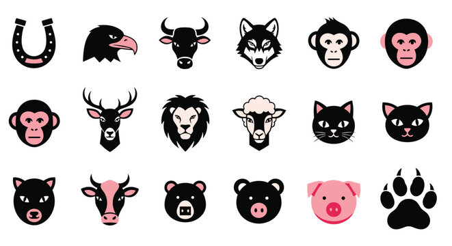 Wild and domestic animal head icons set showing wolf, cat, monkey, bear, and pig faces in flat outline style.