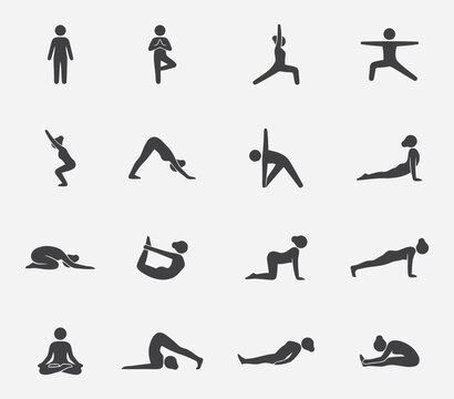 Set of yoga poses icons, collection of various asanas for meditation and fitness, isolated on white background flat vector editable file