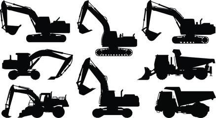 Silhouette collection of heavy construction machinery including excavators, loaders, and dump trucks representing earthmoving equipment for building industry concepts © anisur-creatives