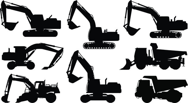 Silhouette collection of heavy construction machinery including excavators, loaders, and dump trucks representing earthmoving equipment for building industry concepts