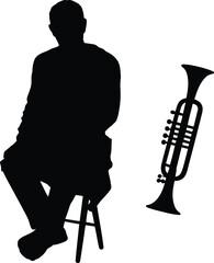 Silhouette of seated musician with crossed legs beside trumpet instrument representing jazz performance, musical art, and creative entertainment concept © anisur-creatives