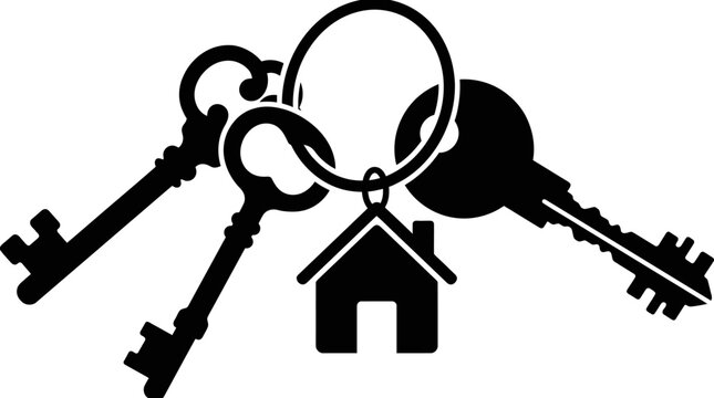 Black silhouette of three keys on a keyring with a house charm, representing home ownership and security.